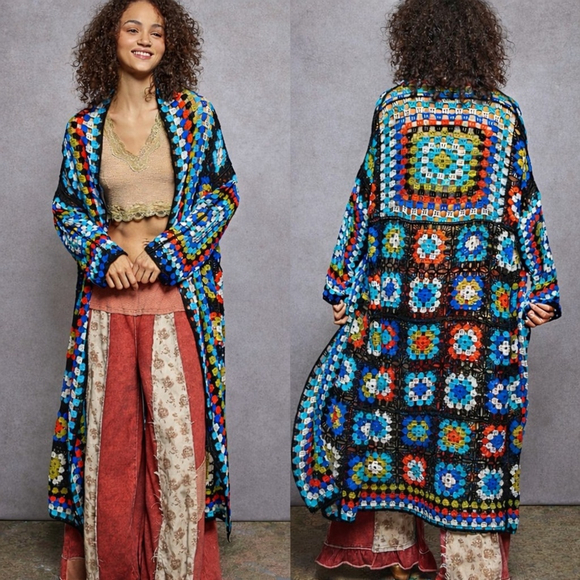 POL Sweaters - POL Granny Square Crochet Duster Cardigan | Boho Festival One Size